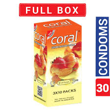 Coral Condom for Men 3 Fruits Flavors Lubricated Natural Latex - Full Box 3 gun10 equal 30pcs - Malaysia