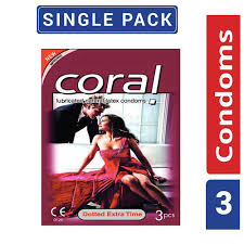 Coral Dotted Condom Extra Time Lubricated Natural Latex - Single Pack